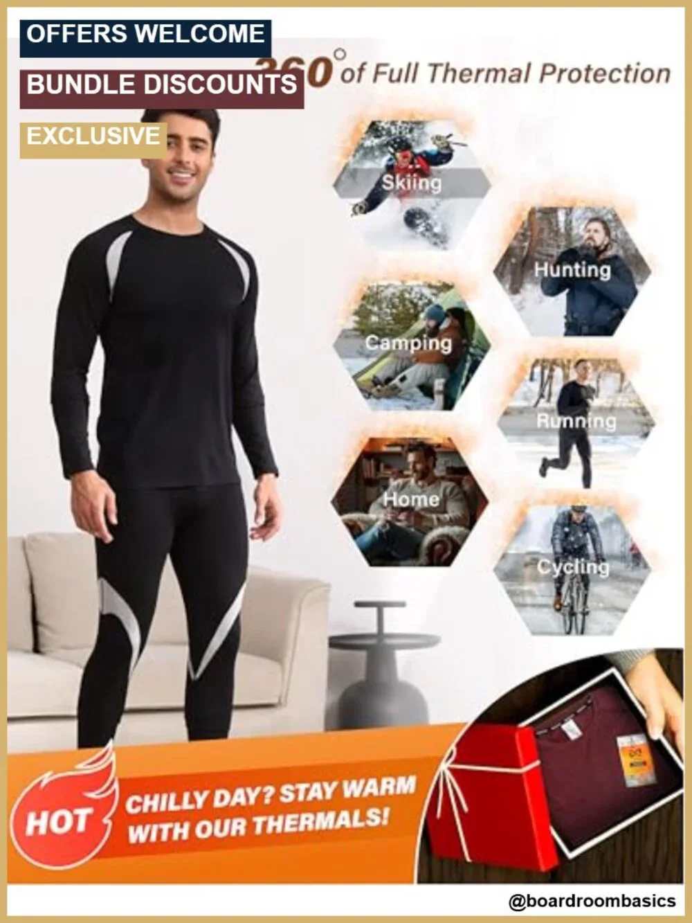 Men's Thermal Underwear Set Long Johns Base Layer 92% Polyester Fleece Lined